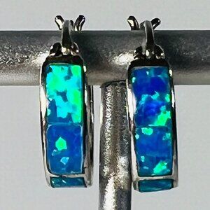 Sterling Silver 925 Blue Opal Inlaid Hoop 0.5" Huggie Earrings Jewelry